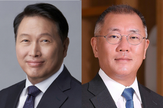 최태원(왼쪽) SK그룹 회장과 정의선 현대자동차그룹 회장. 각 사 제공